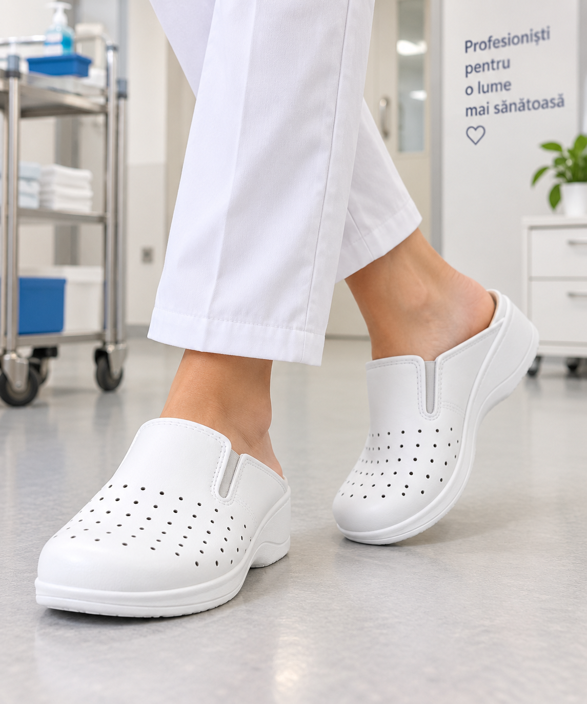 Saboți anatomici damă perforați, cu elastice laterale și branț anatomic din piele bovină – MediSab, alb - imagine 4