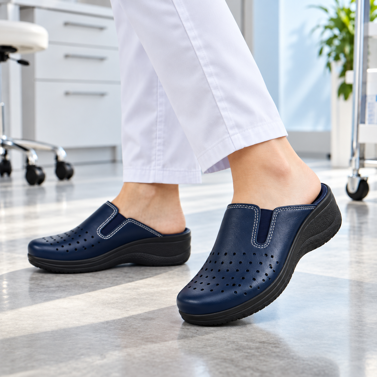 Saboți anatomici damă perforați, cu elastice laterale și branț anatomic din piele bovină – MediSab, bleumarin - imagine 5