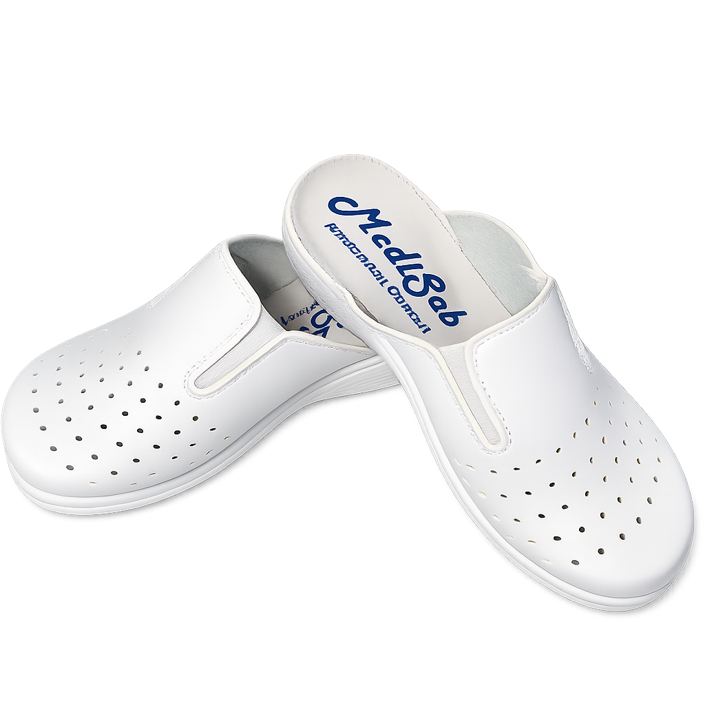 Saboti medicali damă din piele perforată, cu elastice laterale și branț anatomic – Medisab, alb - imagine 3