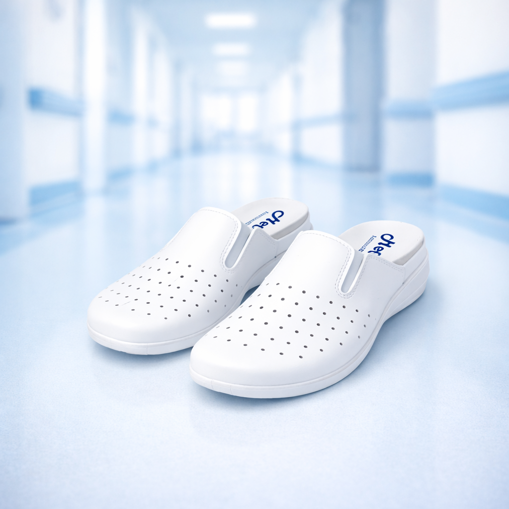 Saboti medicali damă din piele perforată, cu elastice laterale și branț anatomic – Medisab, alb