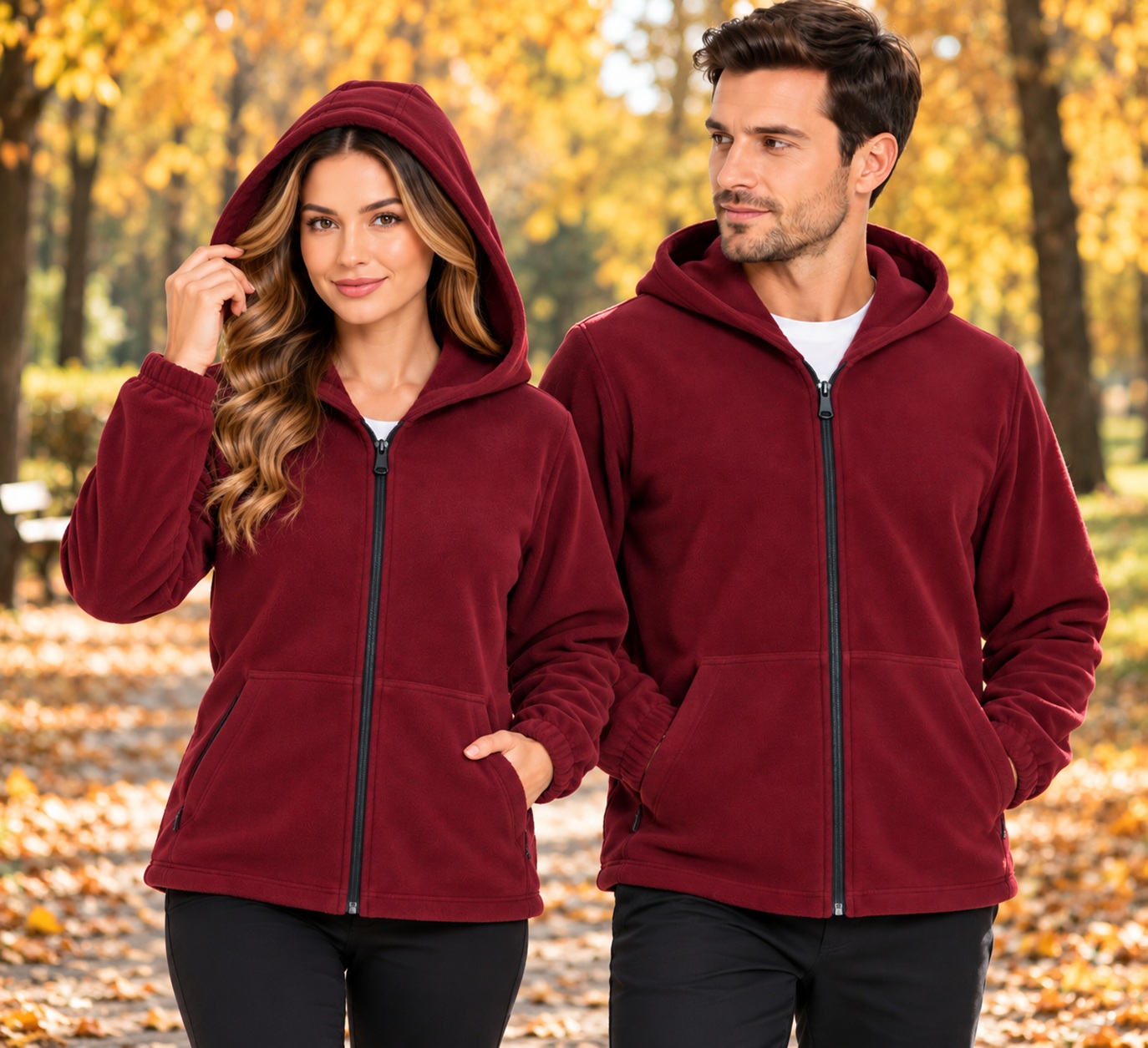 Jachetă polar fleece MediSab, unisex, cu glugă, fermoar frontal, 2 buzunare, material antipilling 270 g/m², bordo - imagine 4