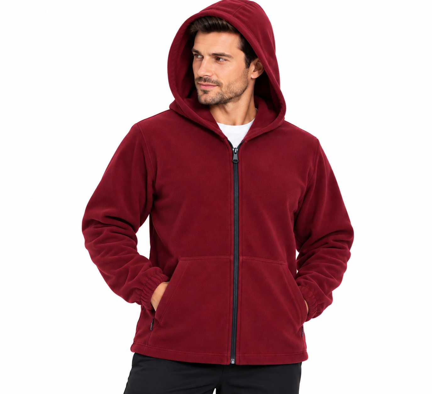 Jachetă polar fleece MediSab, unisex, cu glugă, fermoar frontal, 2 buzunare, material antipilling 270 g/m², bordo - imagine 3