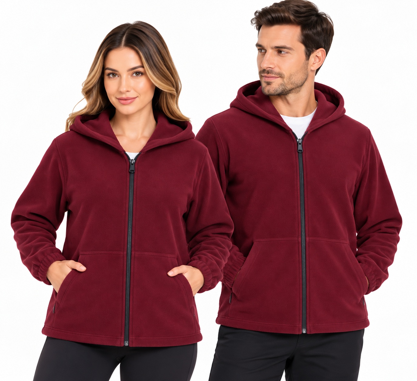 Jachetă polar fleece MediSab, unisex, cu glugă, fermoar frontal, 2 buzunare, material antipilling 270 g/m², bordo