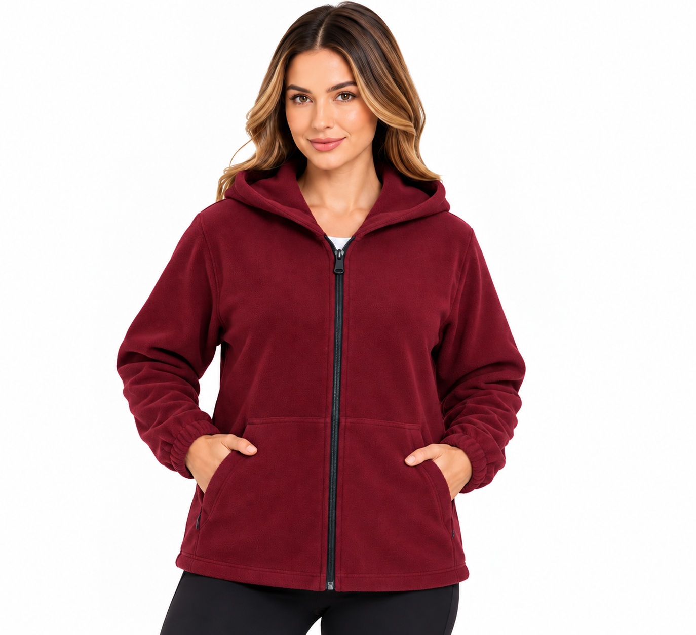 Jachetă polar fleece MediSab, unisex, cu glugă, fermoar frontal, 2 buzunare, material antipilling 270 g/m², bordo - imagine 2